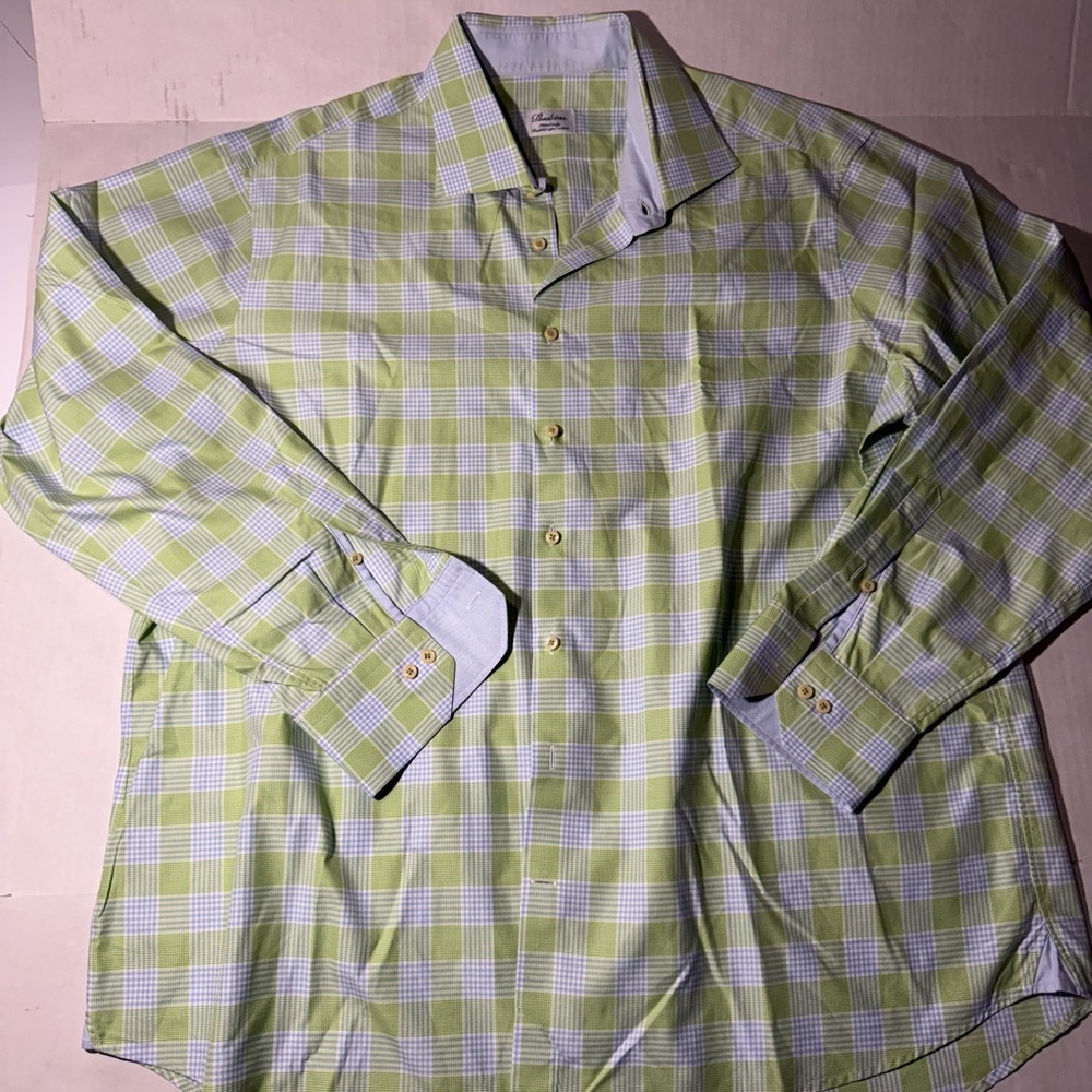 Elegant Green Plaid Men's button up long sleeve Dress Shirt 18 1/2” neck
